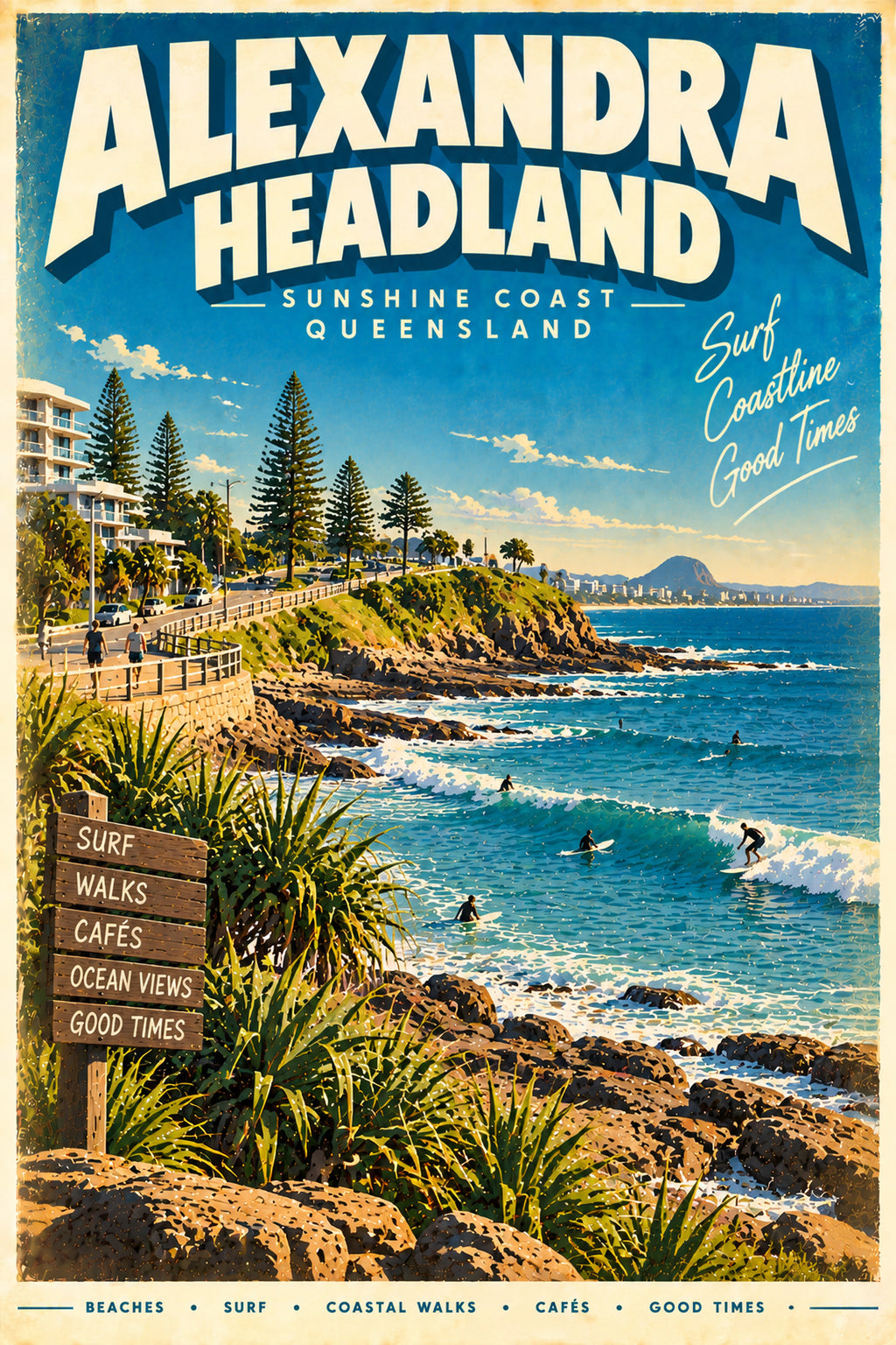 Alexandra Headland retro travel poster, printable Queensland wall art, instant download