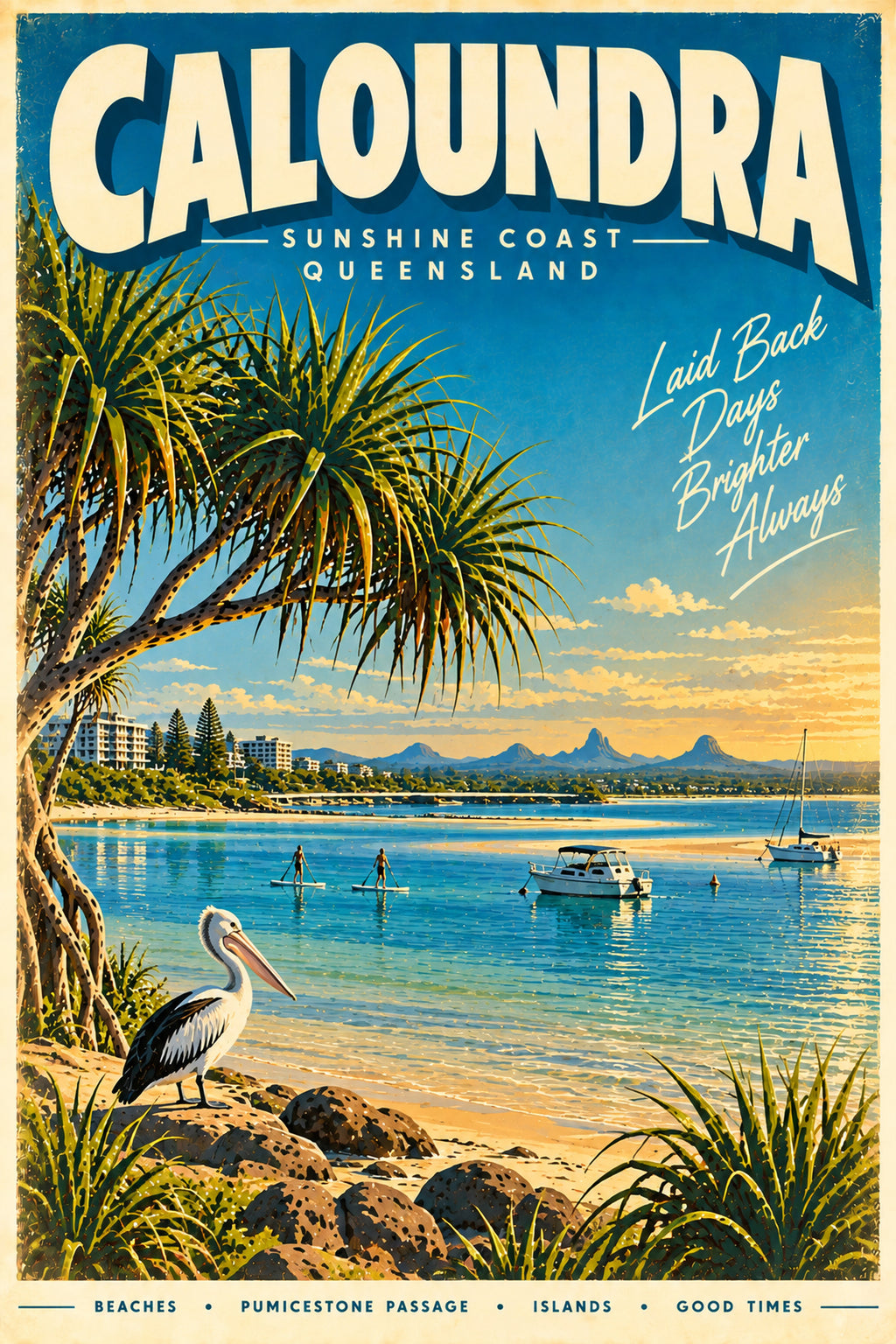 Caloundra retro travel poster, printable Queensland wall art, instant download