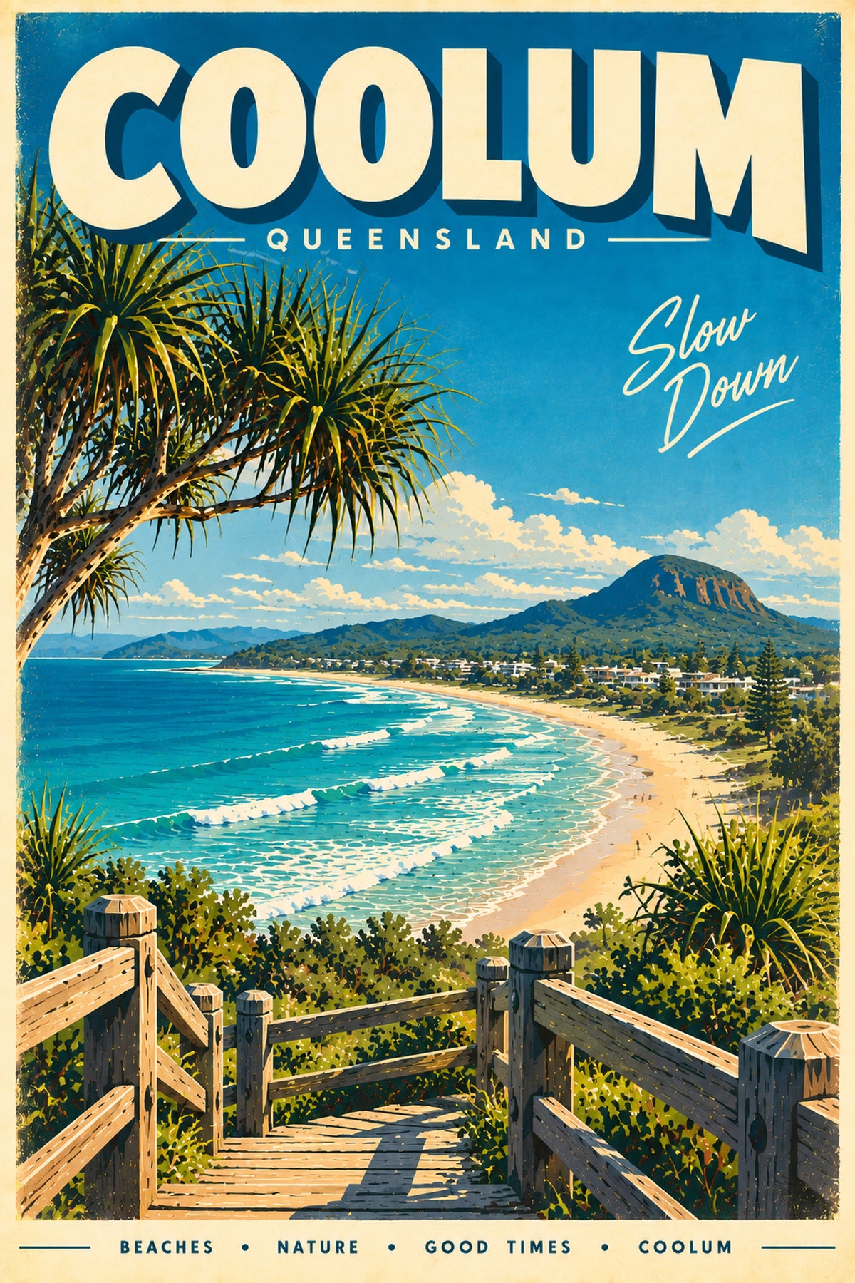 Coolum retro travel poster, printable Queensland wall art, instant download