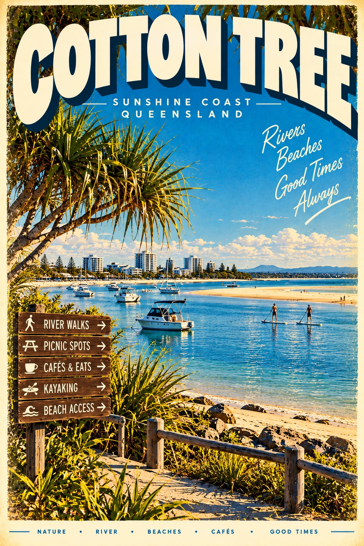 Cotton Tree retro travel poster, printable Queensland wall art, instant download