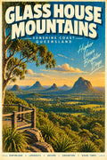 Glass House Mountains retro travel poster, printable Queensland wall art, instant download