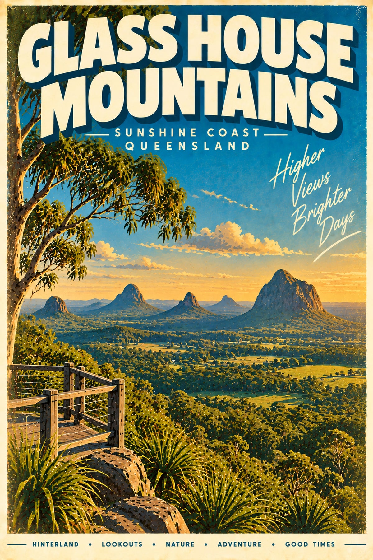 Glass House Mountains retro travel poster, printable Queensland wall art, instant download