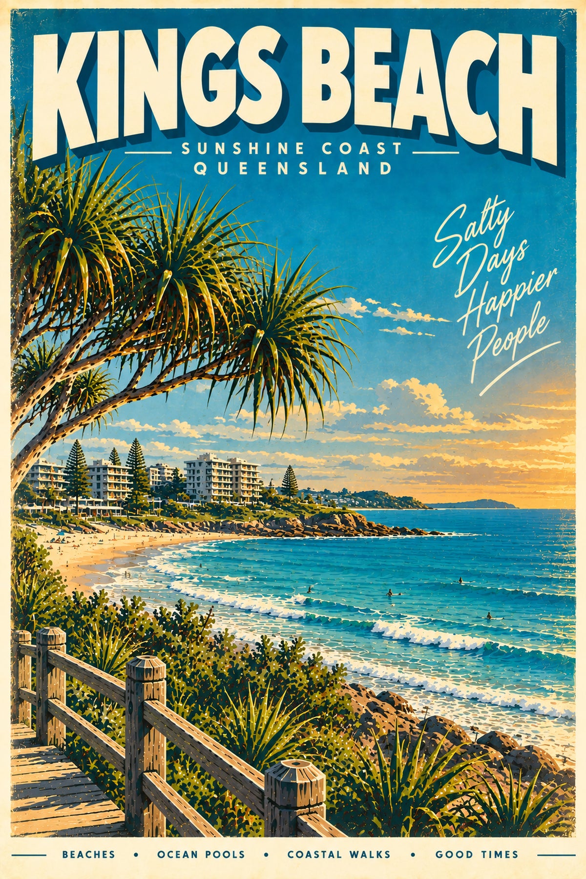 Kings Beach retro travel poster, printable Queensland wall art, instant download