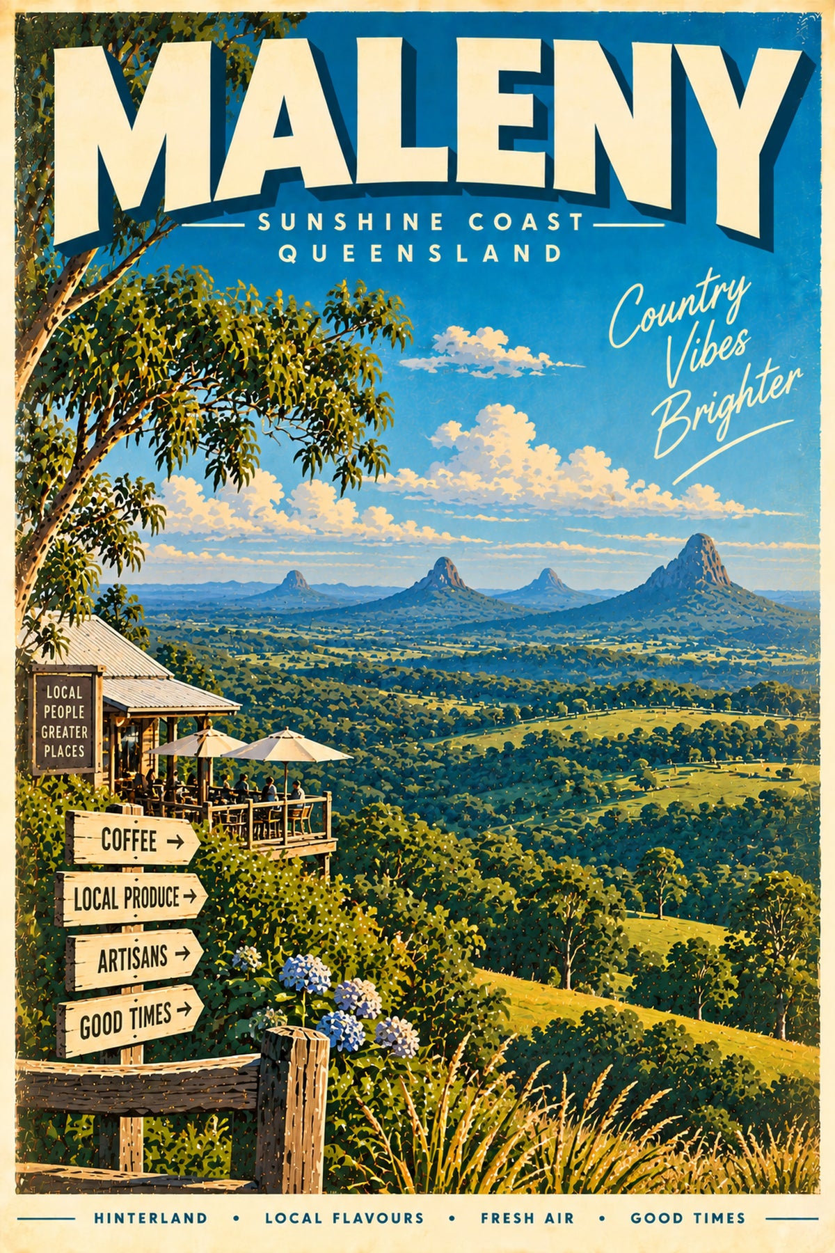 Maleny retro travel poster, printable Queensland wall art, instant download