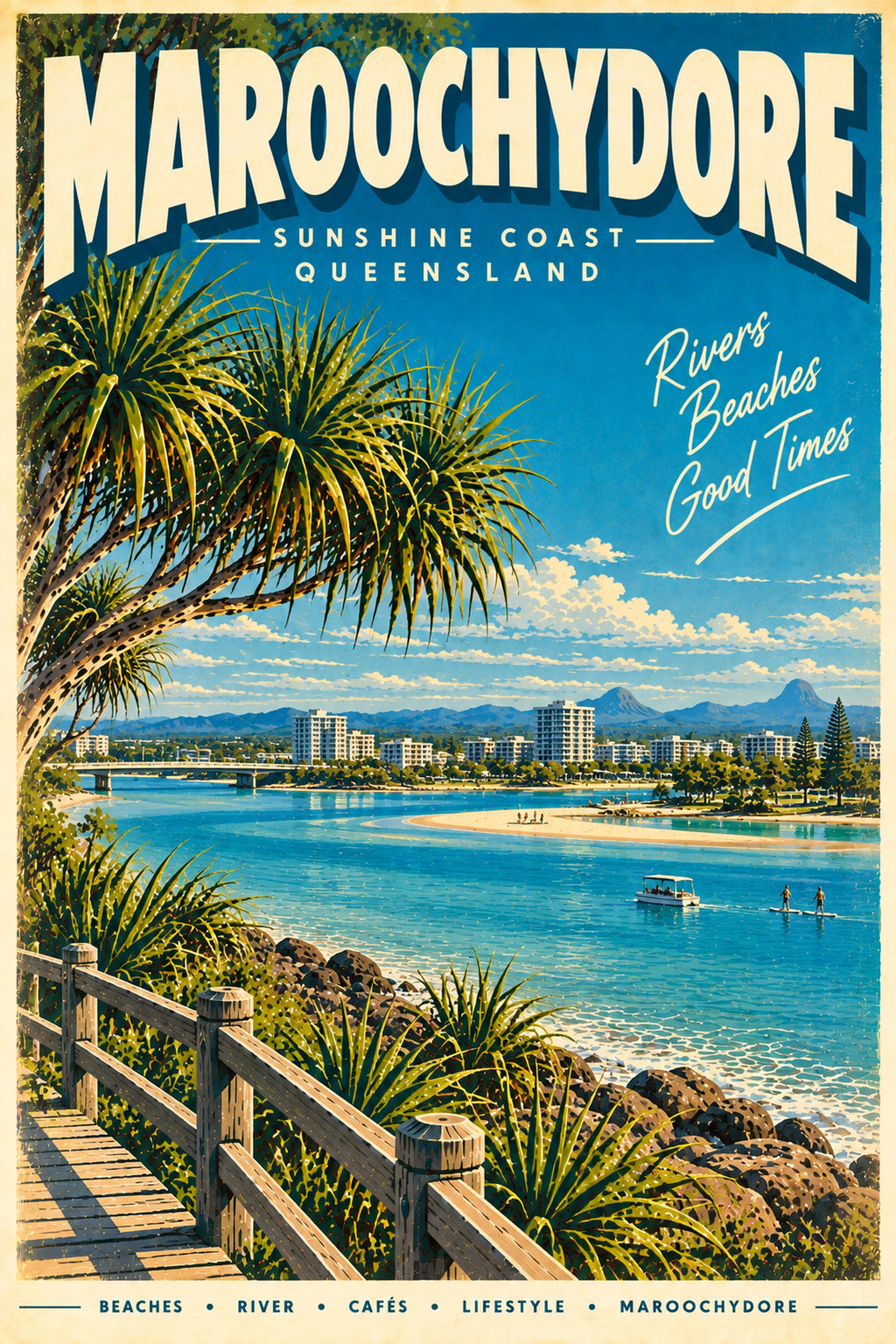 Maroochydore retro travel poster framed print, styled interior wall art photo