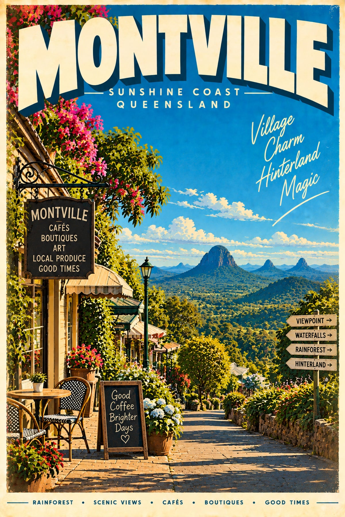 Montville retro travel poster framed print, styled interior wall art photo