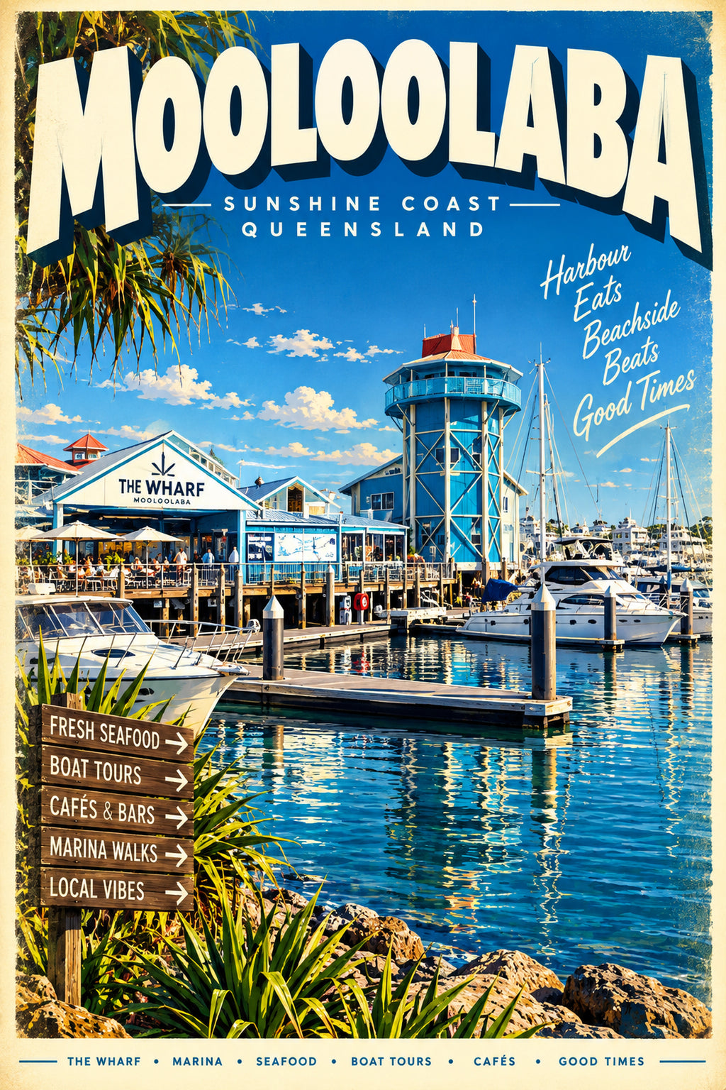Mooloolaba retro travel poster, printable Queensland wall art, instant download