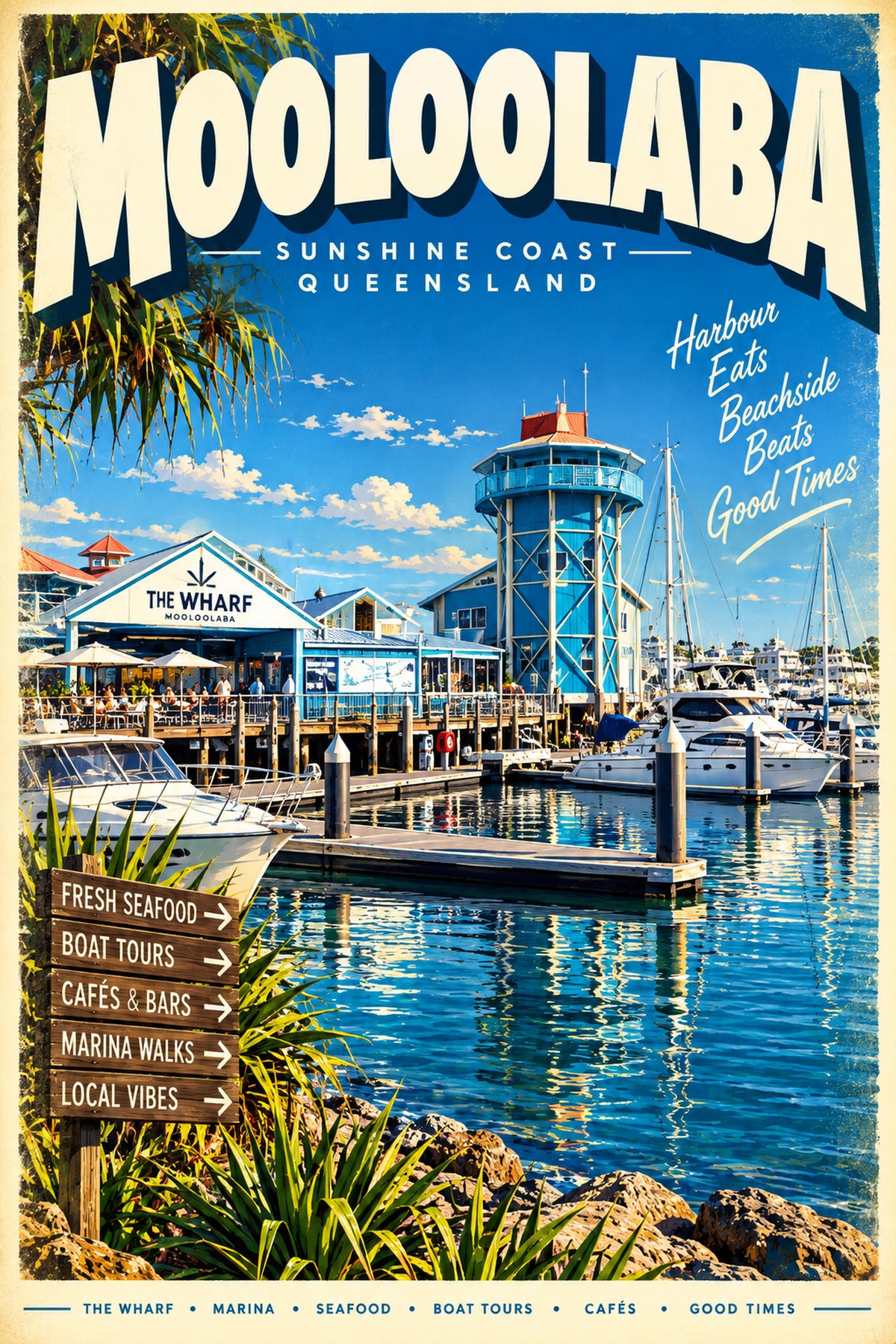 Mooloolaba retro travel poster framed print, styled interior wall art photo