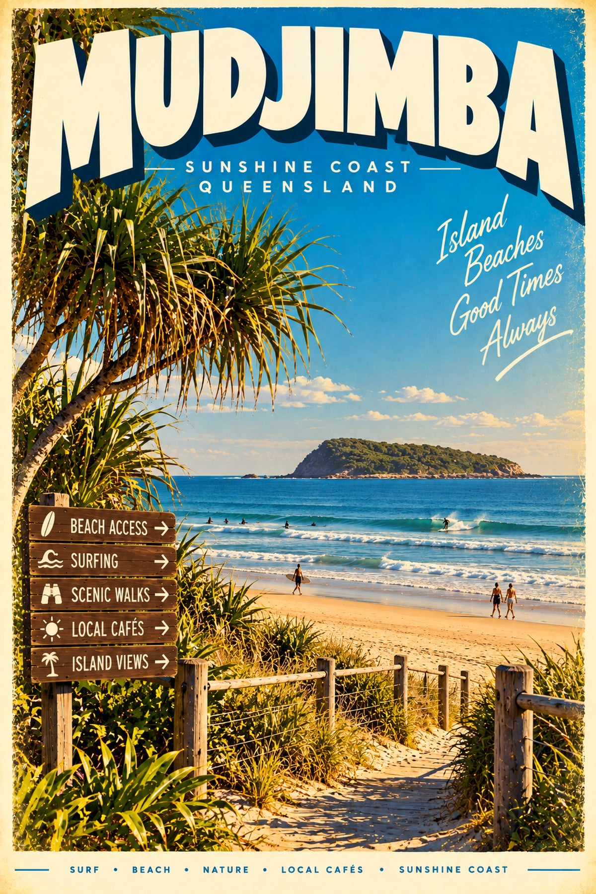 Mudjimba retro travel poster framed print, styled interior wall art photo
