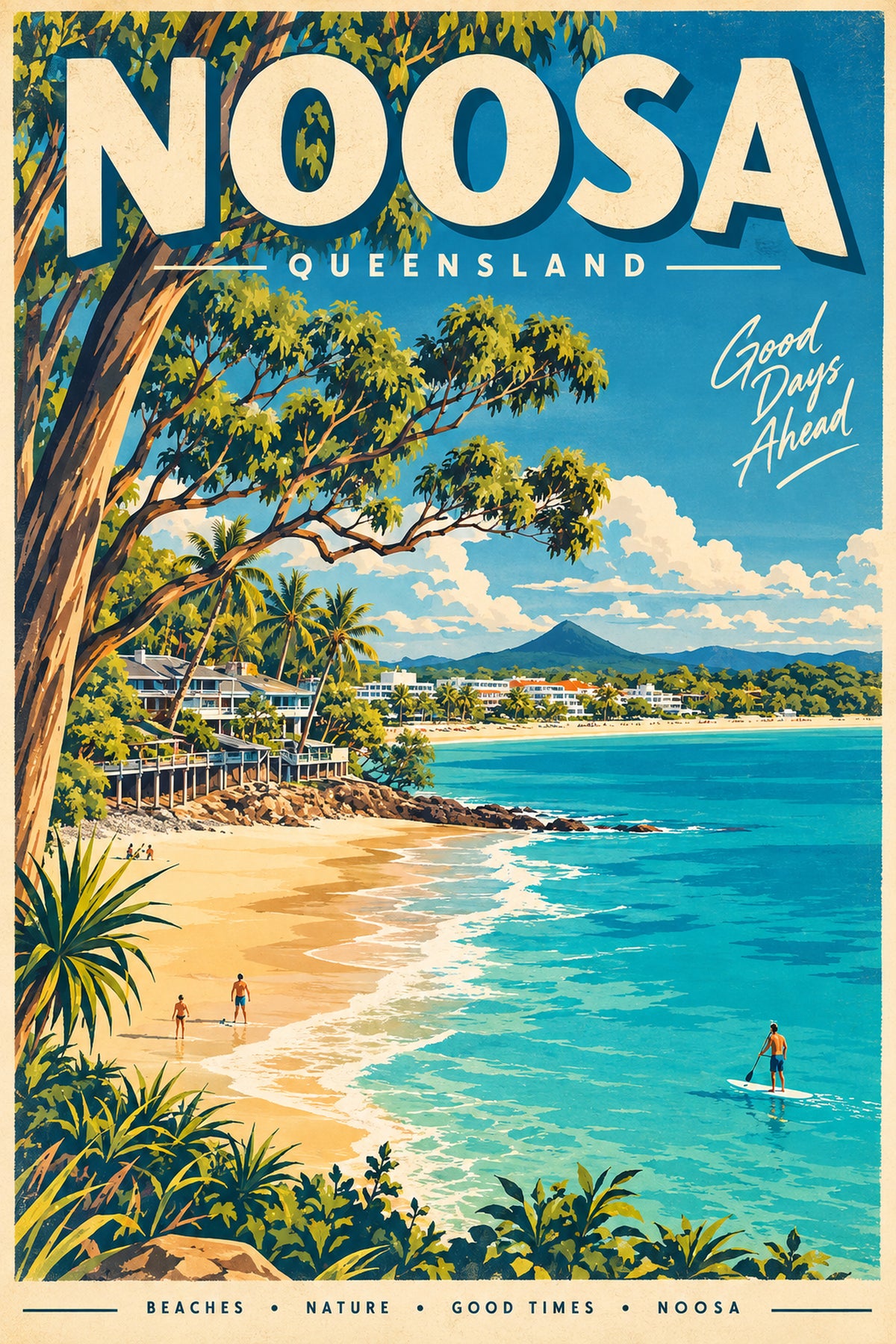 Noosa retro travel poster framed print, styled interior wall art photo