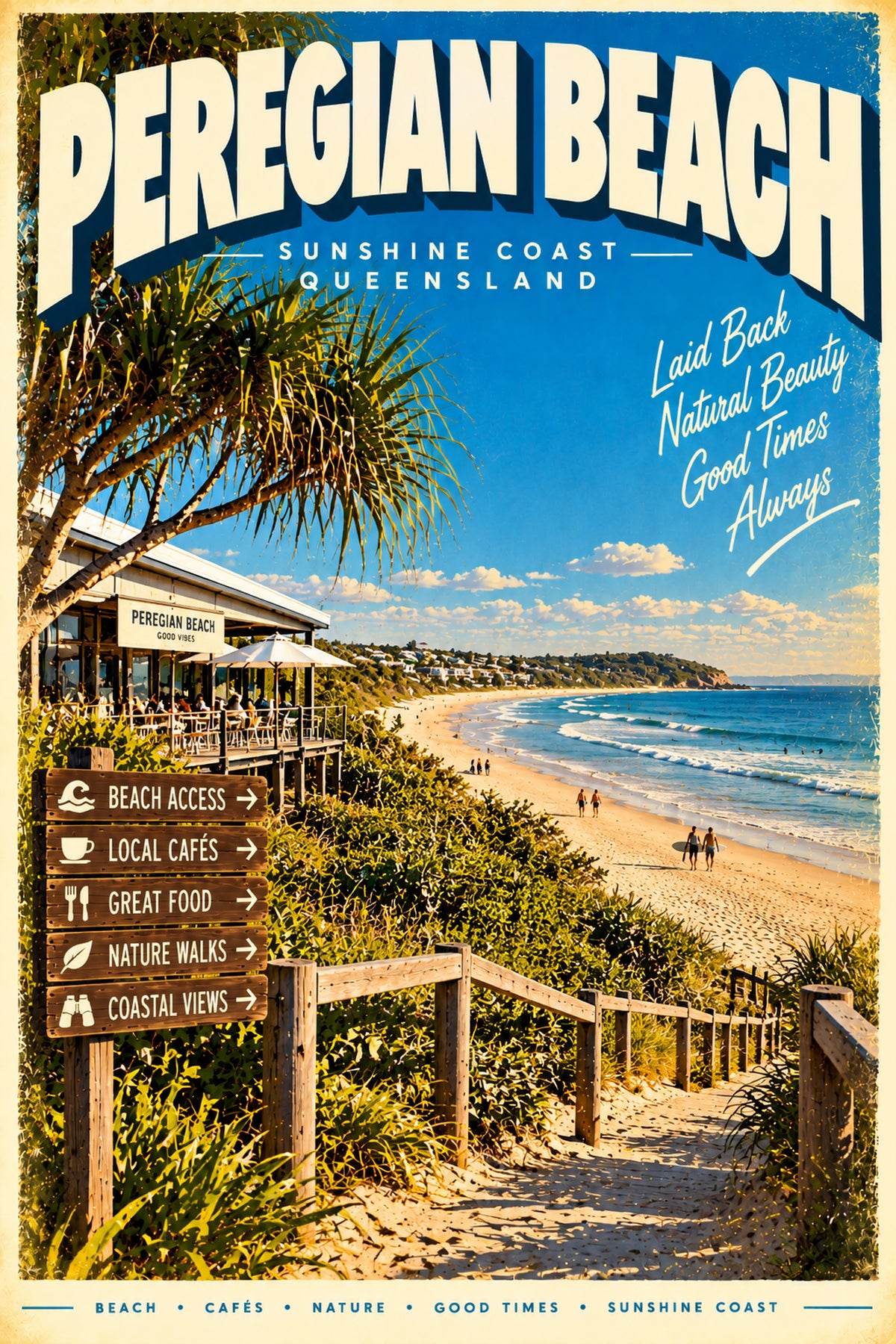 Peregian Beach retro travel poster framed print, styled interior wall art photo