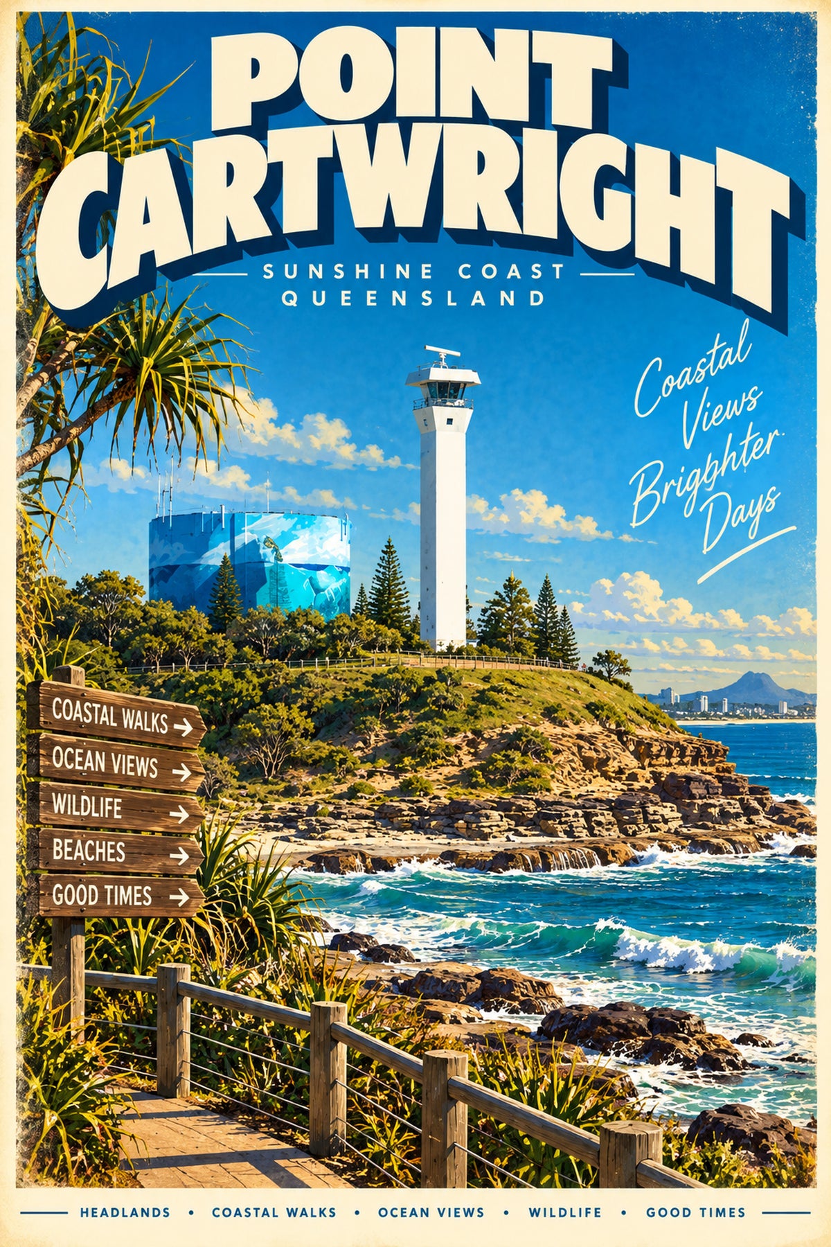Point Cartwright retro travel poster, printable Queensland wall art, instant download