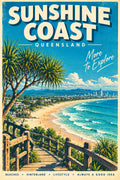 Sunshine Coast retro travel poster, printable Queensland wall art, instant download