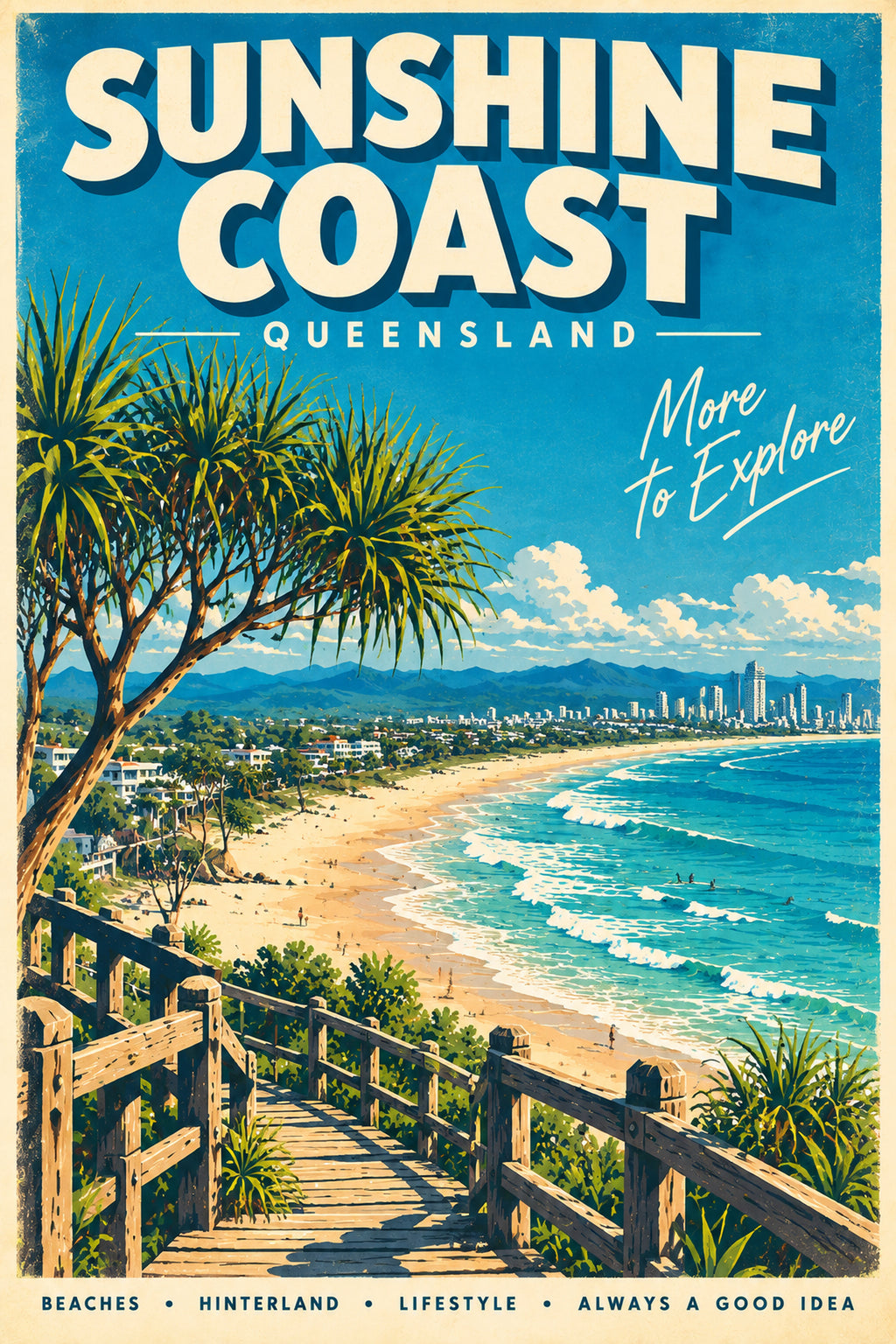 Sunshine Coast retro travel poster framed print, styled interior wall art photo