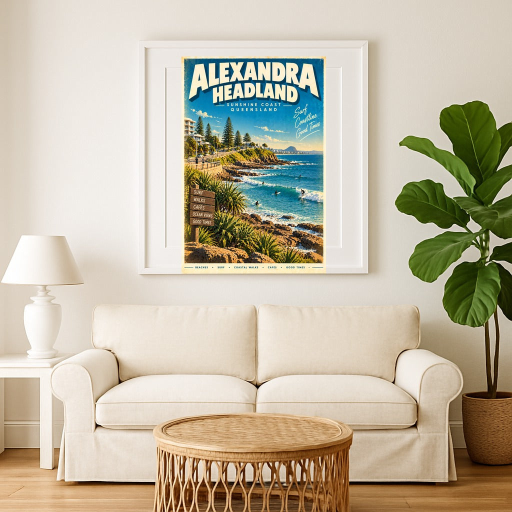 Alexandra Headland retro travel poster, digital print, sample styled wall art