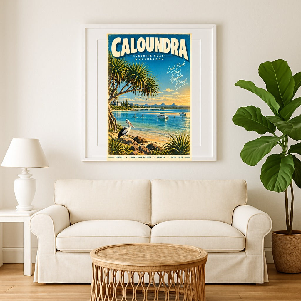 Caloundra retro travel poster framed print, close up detail of frame and print