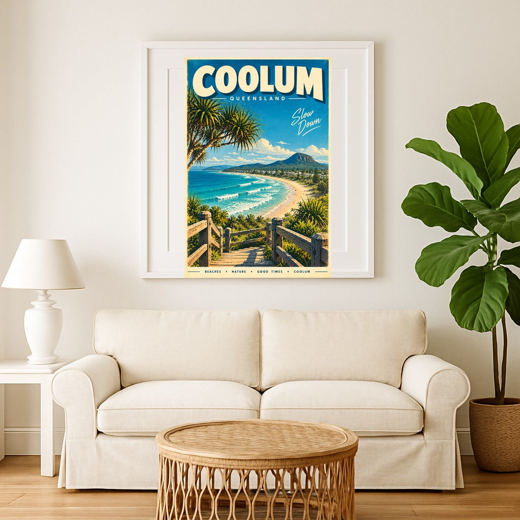 Coolum retro travel poster, digital print, sample styled wall art