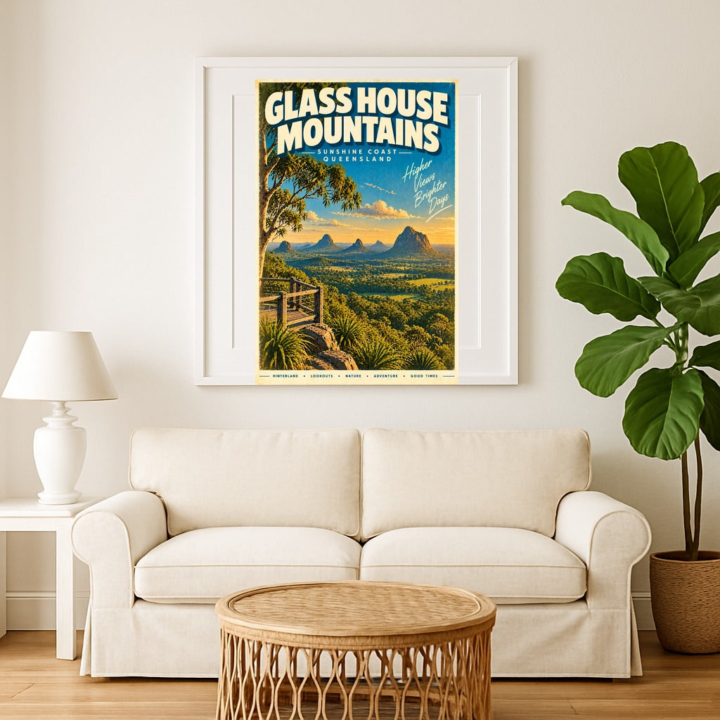 Glass House Mountains retro travel poster framed print, close up detail of frame and print