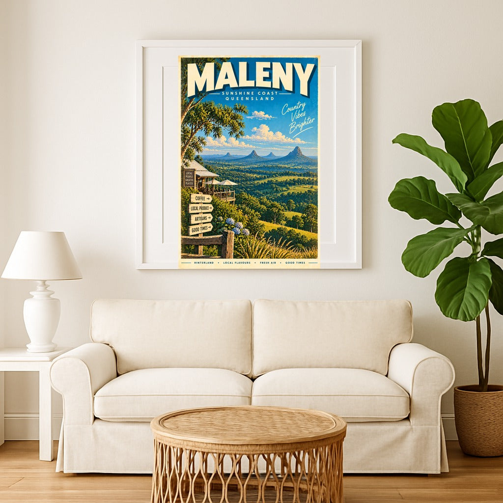 Maleny retro travel poster, digital print, sample styled wall art