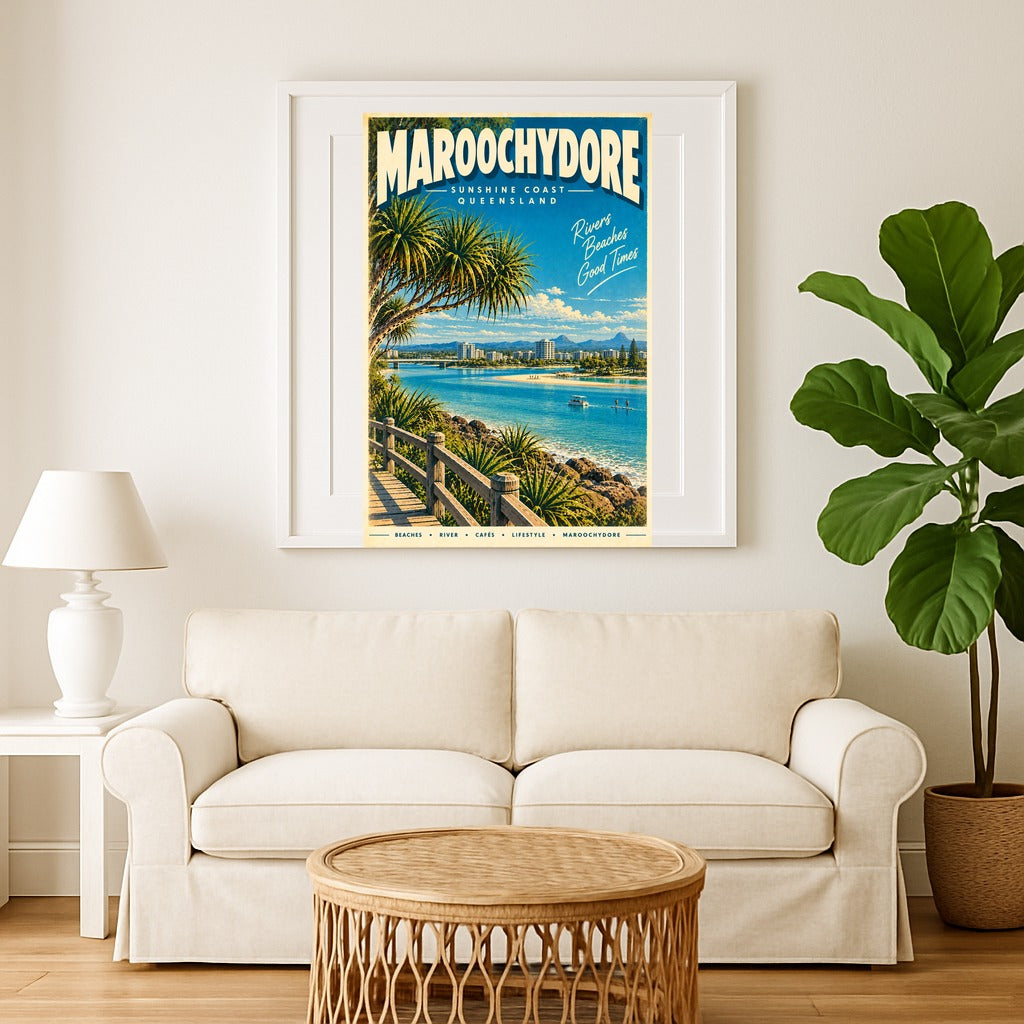 Maroochydore retro travel poster framed print, close up detail of frame and print
