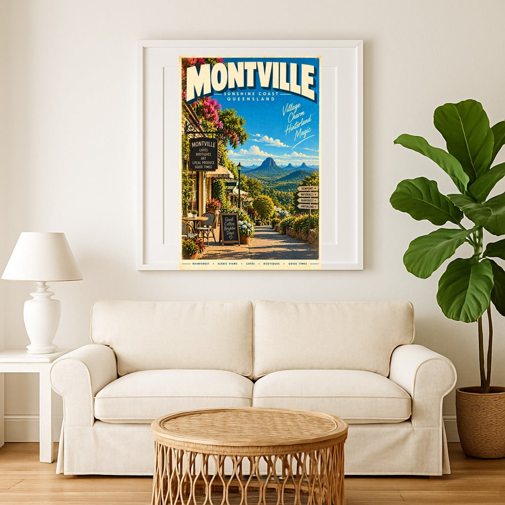 Montville retro travel poster framed print, close up detail of frame and print