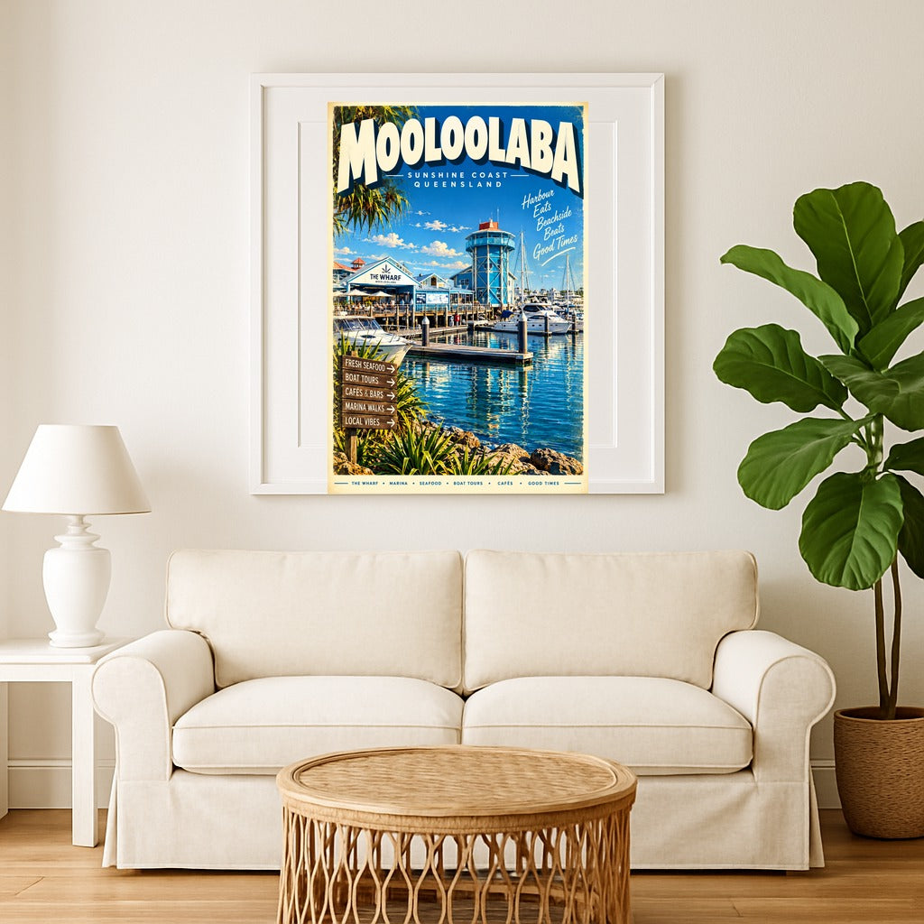 Mooloolaba retro travel poster, digital print, sample styled wall art