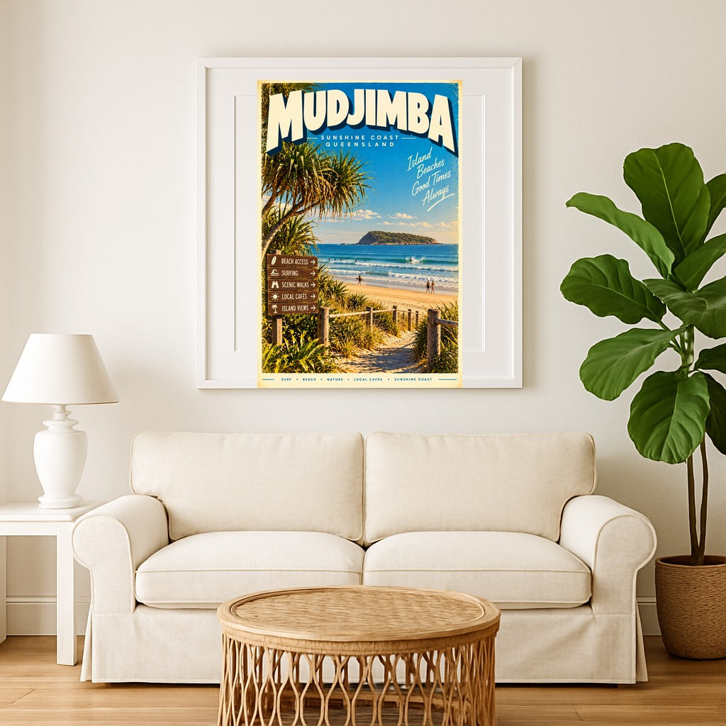 Mudjimba retro travel poster framed print, close up detail of frame and print