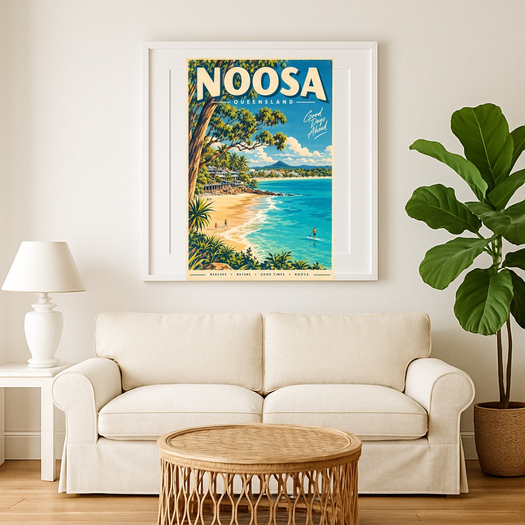 Noosa retro travel poster, digital print, sample styled wall art