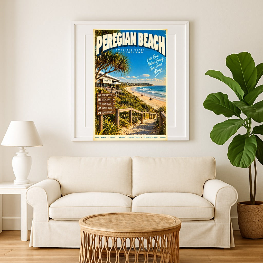 Peregian Beach retro travel poster, digital print, sample styled wall art