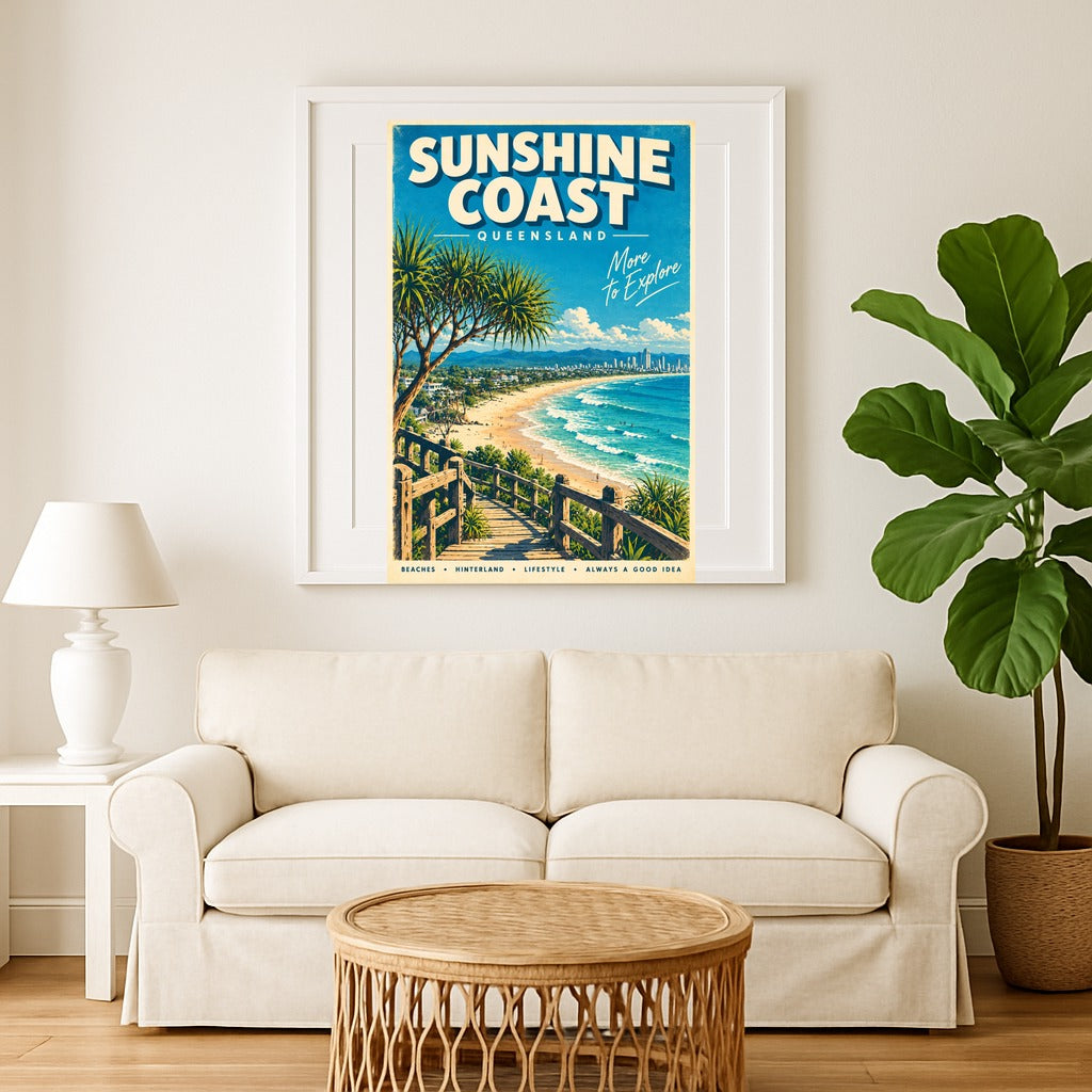 Sunshine Coast retro travel poster, digital print, sample styled wall art