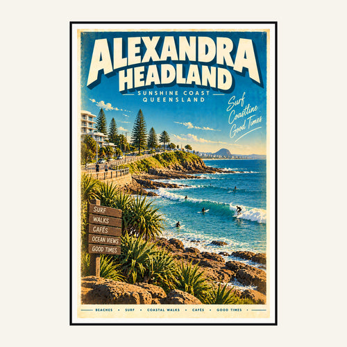 Alexandra Headland retro travel poster framed print, mid-century Queensland wall art