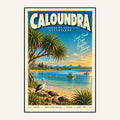 Caloundra retro travel poster framed print, mid-century Queensland wall art