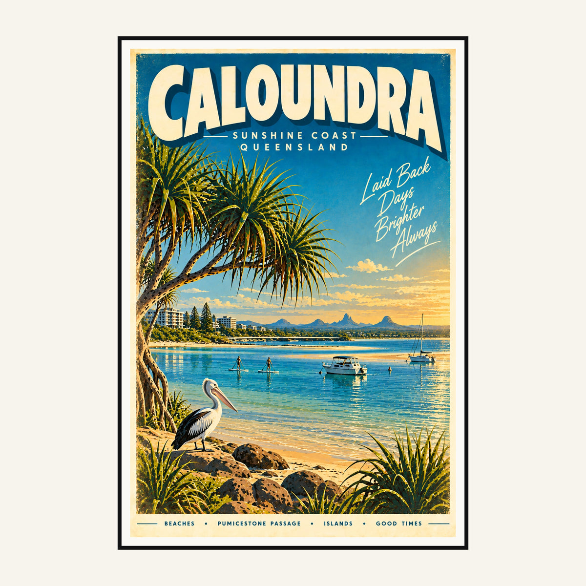 Caloundra retro travel poster framed print, mid-century Queensland wall art