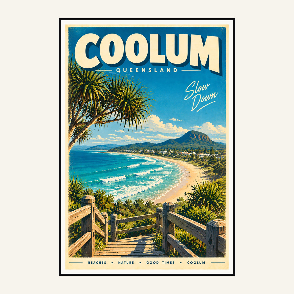 Coolum retro travel poster framed print, mid-century Queensland wall art