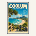 Coolum retro travel poster framed print, mid-century Queensland wall art