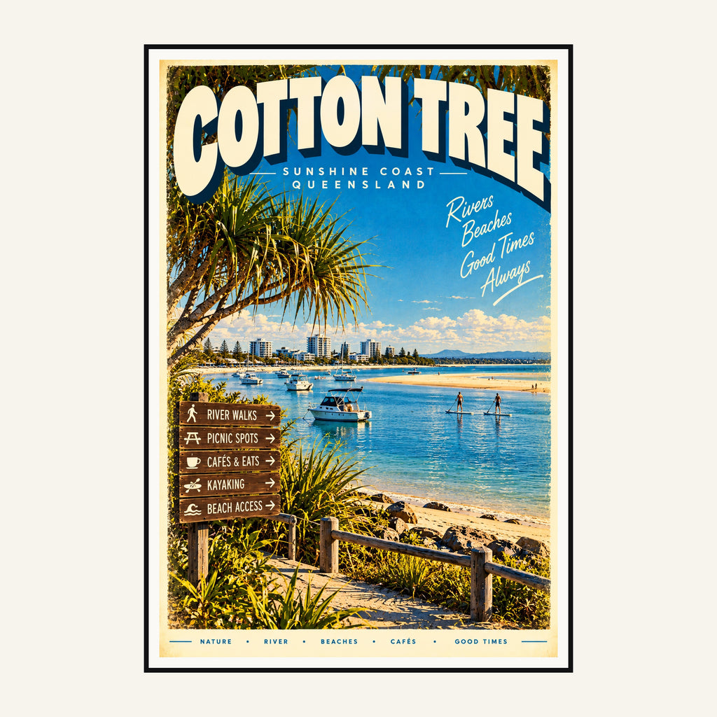 Cotton Tree retro travel poster framed print, mid-century Queensland wall art