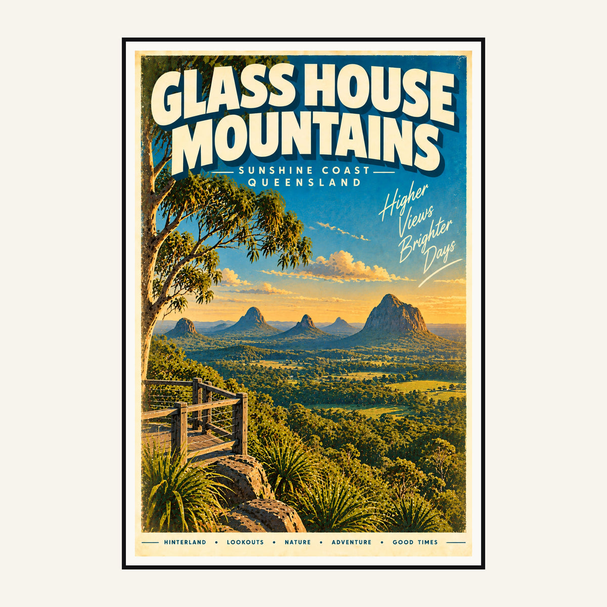 Glass House Mountains retro travel poster framed print, mid-century Queensland wall art