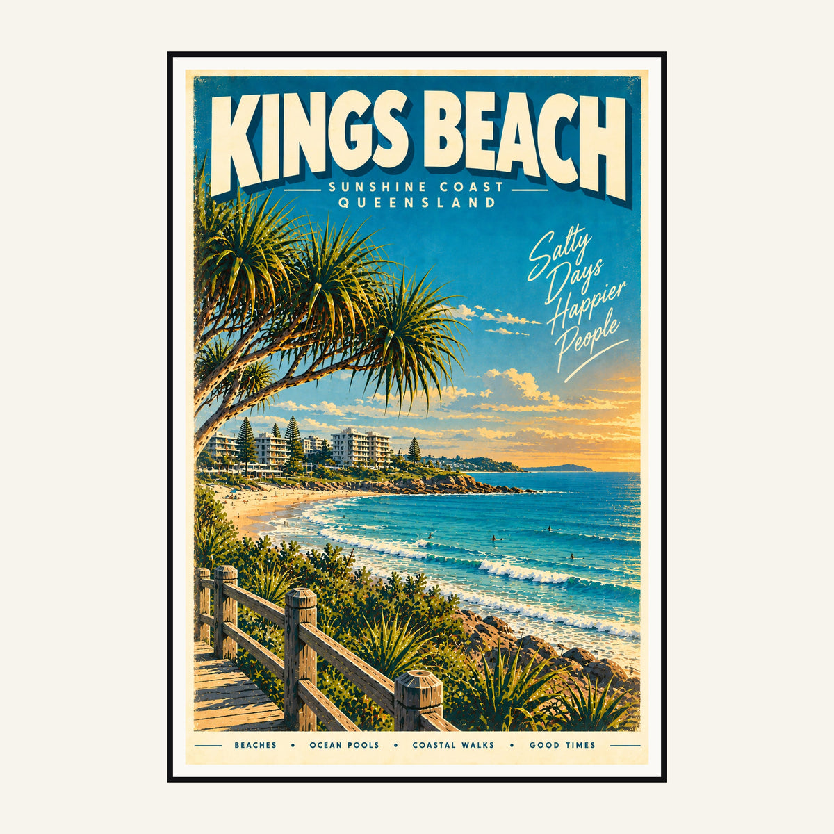 Kings Beach retro travel poster framed print, mid-century Queensland wall art