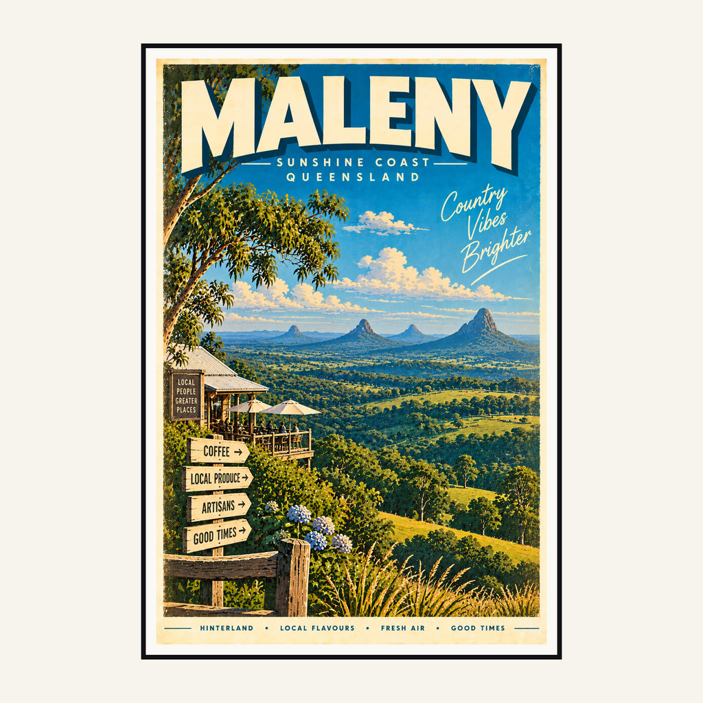 Maleny retro travel poster framed print, mid-century Queensland wall art