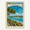 Maroochydore retro travel poster framed print, mid-century Queensland wall art