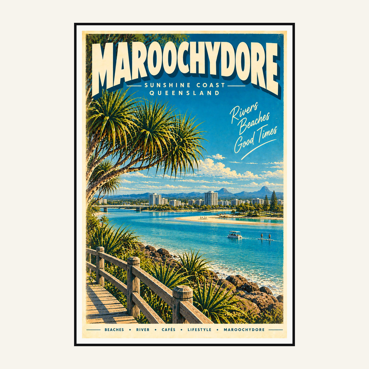 Maroochydore retro travel poster framed print, mid-century Queensland wall art