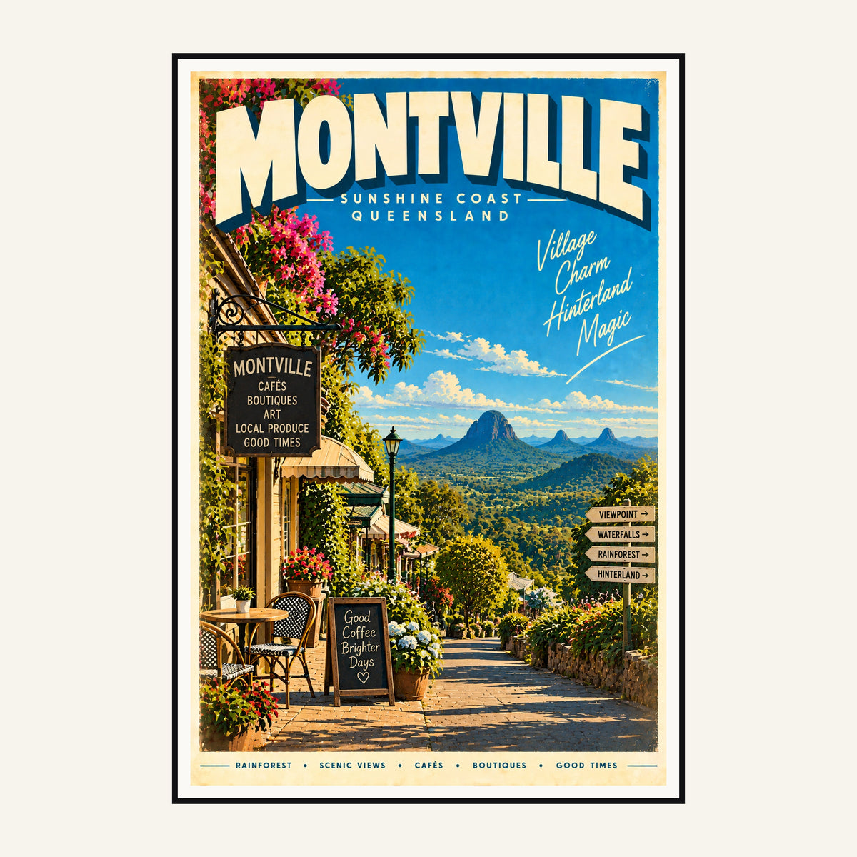 Montville retro travel poster framed print, mid-century Queensland wall art