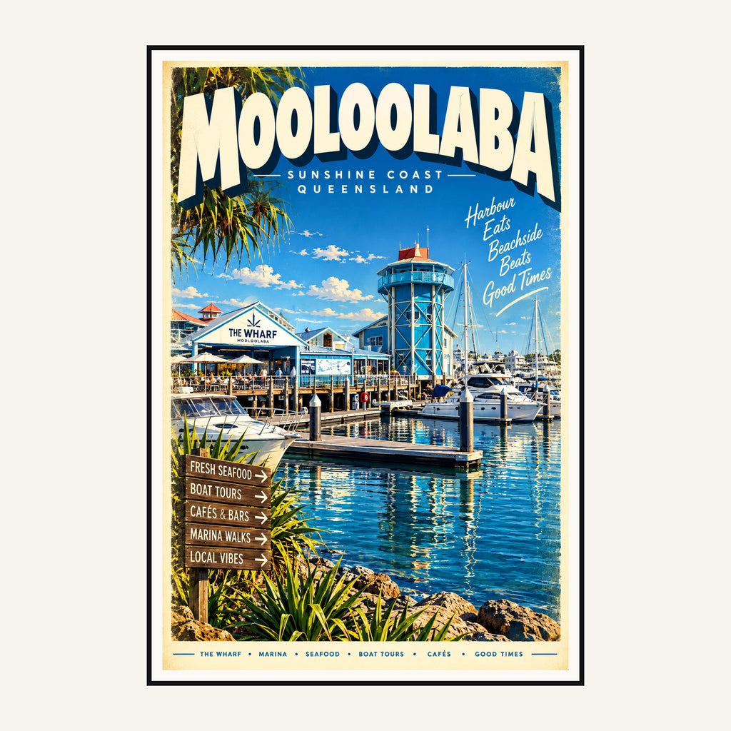 Mooloolaba retro travel poster framed print, mid-century Queensland wall art