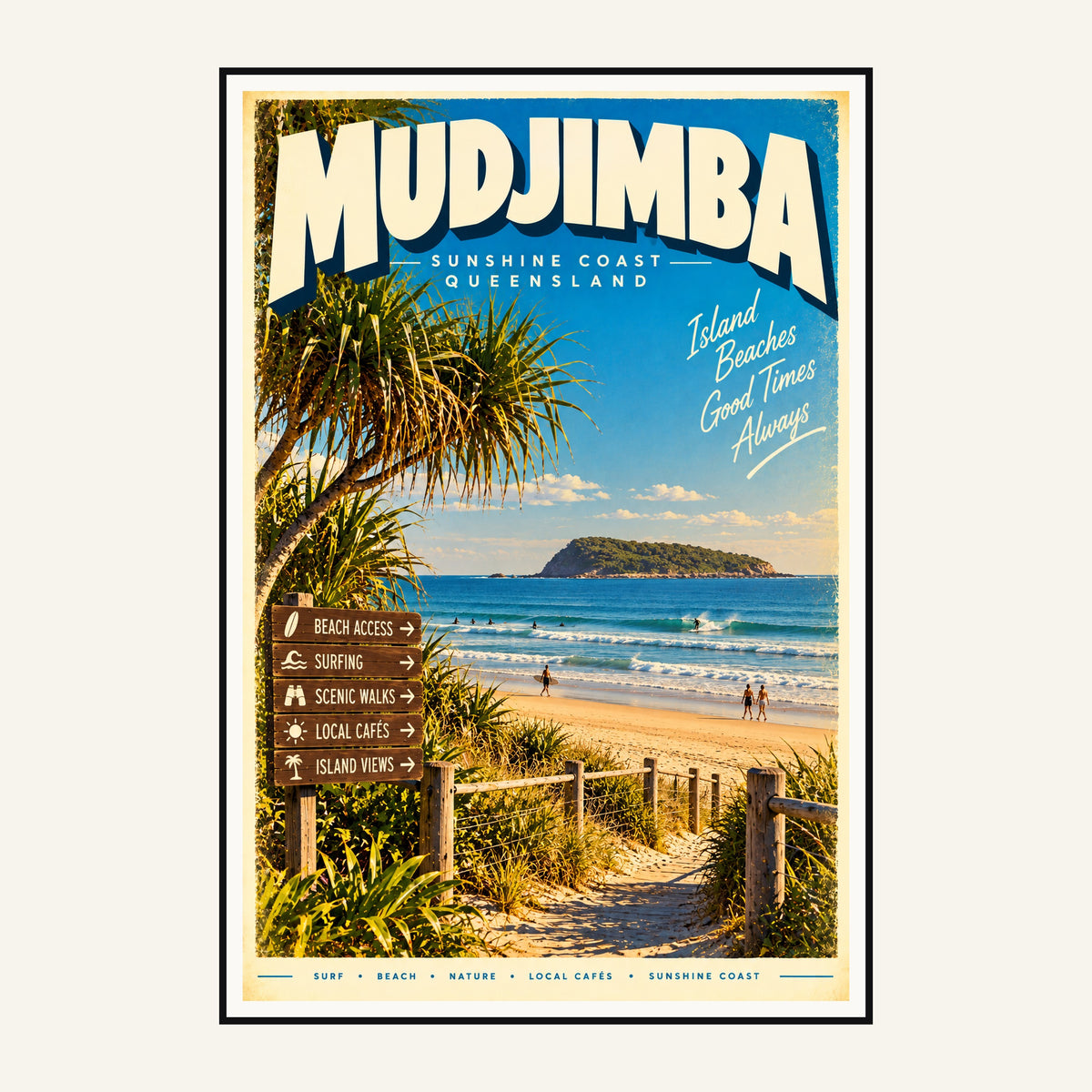 Mudjimba retro travel poster framed print, mid-century Queensland wall art