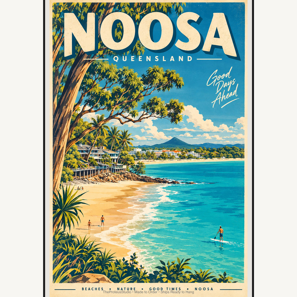 Noosa retro travel poster framed print, mid-century Queensland wall art