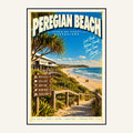 Peregian Beach retro travel poster framed print, mid-century Queensland wall art