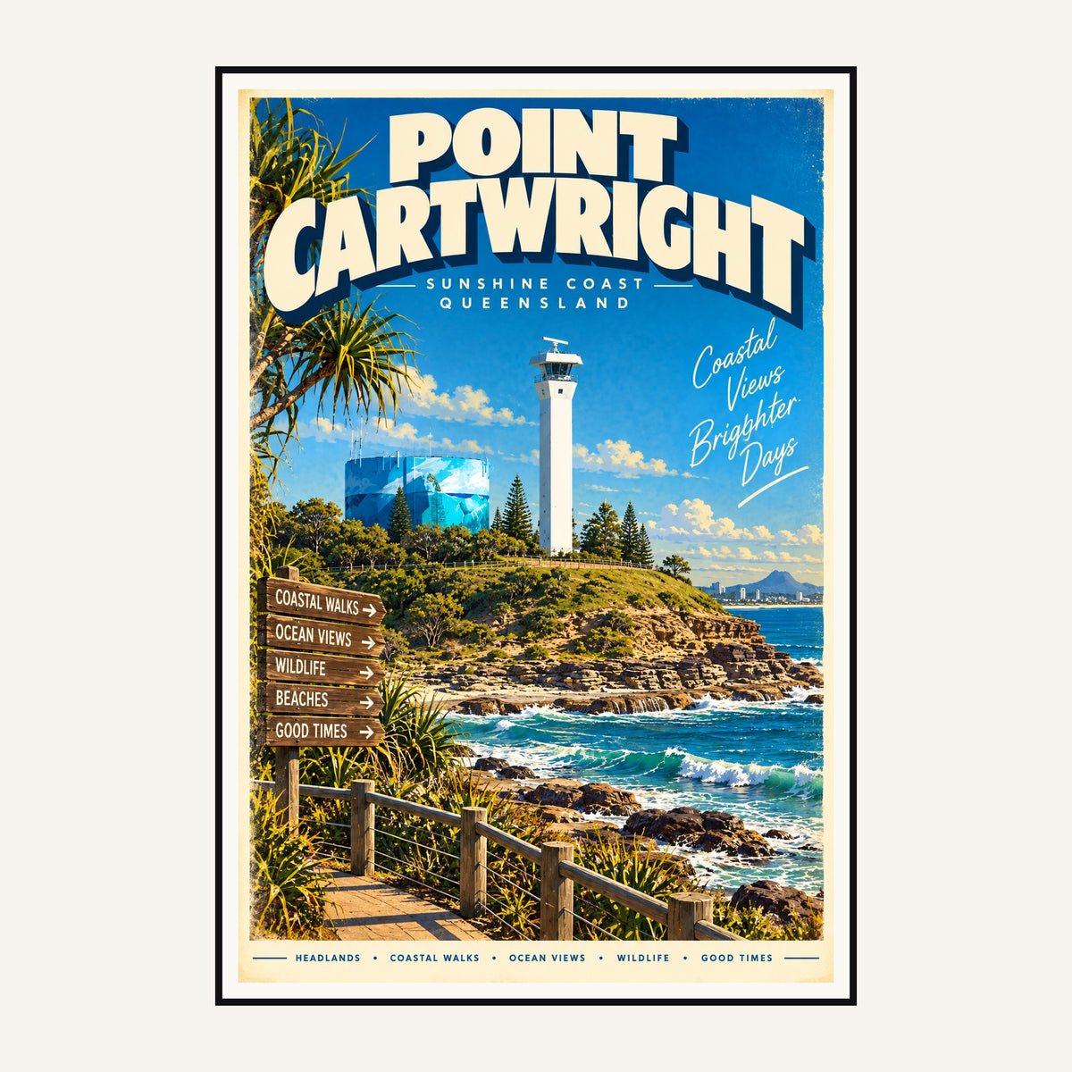Point Cartwright retro travel poster framed print, mid-century Queensland wall art