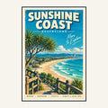 Sunshine Coast retro travel poster framed print, mid-century Queensland wall art