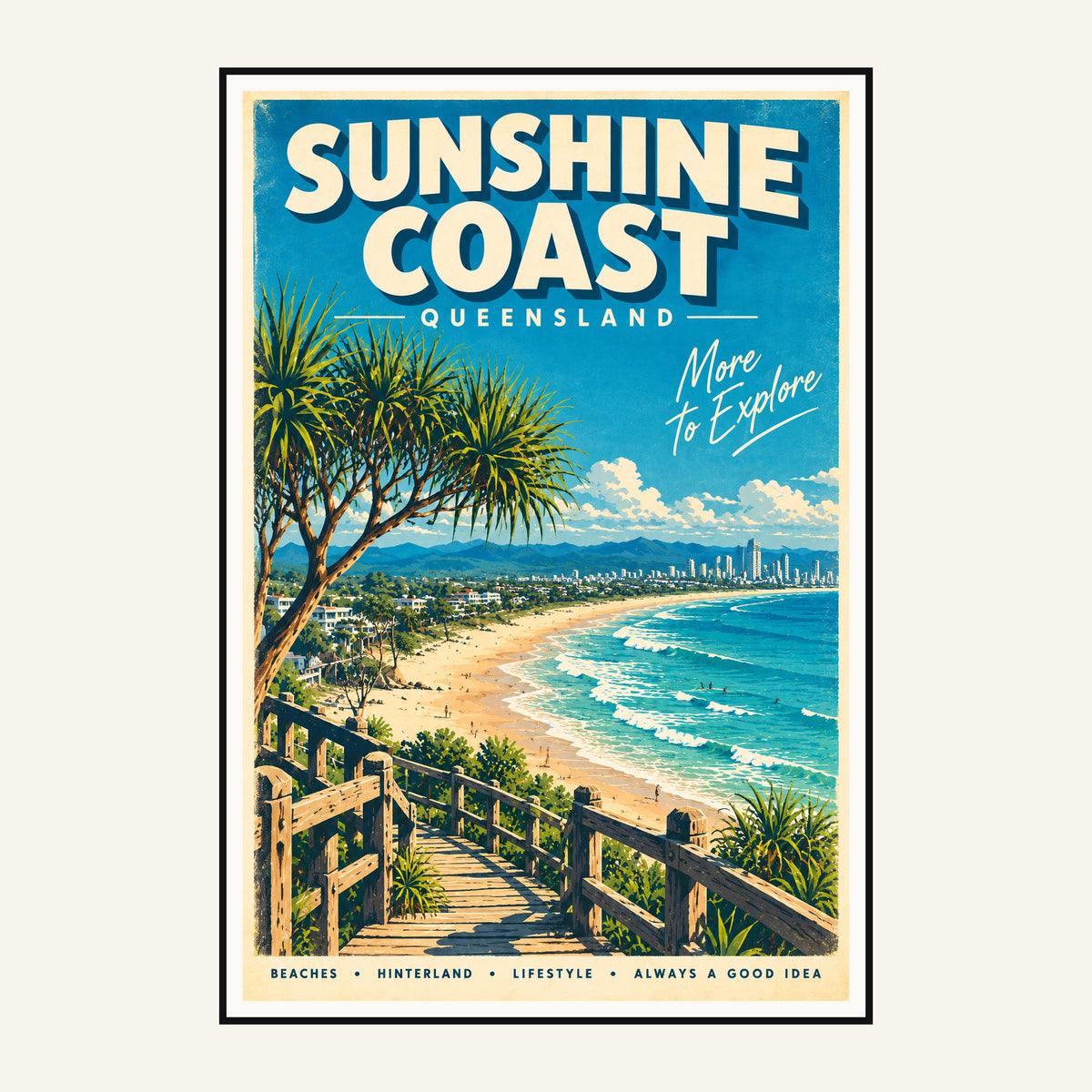 Sunshine Coast retro travel poster framed print, mid-century Queensland wall art