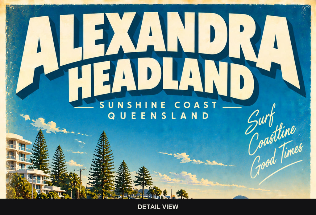 Alexandra Headland retro travel poster, digital print, standard print size and format guide